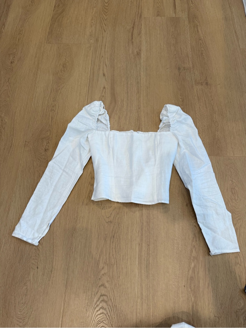 Reformation White Puff-Sleeve Square Neck Crop Top